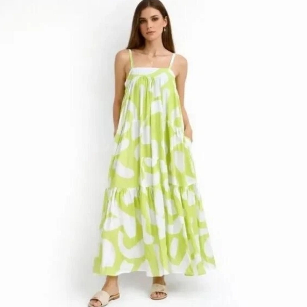 Lime Green & White Abstract Print Tiered Maxi Dress
